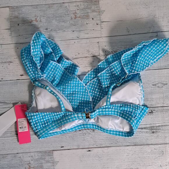 Lilly Pulitzer Aelin Bikini Swim Top Turquoise Oasis Crinkle Gingham 6 - Picture 6 of 10